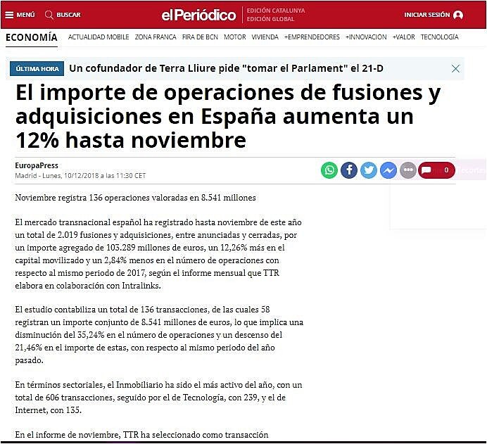 El importe de operaciones de fusiones y adquisiciones en Espaa aumenta un 12% hasta noviembre
